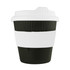 A drink bottle styled reusable coffee cup in black with a white band and lid, featuring ridged texture and a logo.