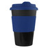A reusable coffee cup in blue and black, featuring a silicone grip and a lid, with a logo.