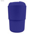 A drink bottle in dark blue with a ribbed design and a smooth lid, featuring a branding logo.