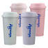 Four reusable coffee cups in pink, lavender, green, and beige, each featuring a logo on the front.