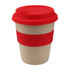 A reusable coffee cup featuring a beige body, red silicone band, and a red lid, with a logo on the surface.