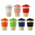 A drink bottle collection featuring reusable coffee cups in white, pink, red, orange, green, and black, with silicone sleeves and lids.