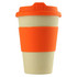 A reusable coffee cup in beige with an orange lid and grip, featuring a logo on the side.