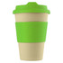 A reusable coffee cup in cream with a bright green lid and grip, featuring a logo.