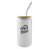 A frosted glass tumbler with a wooden lid and a metal straw, featuring a logo on the front.