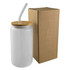 A drink bottle features a frosted glass body, a bamboo lid, a clear straw, and a cardboard box.