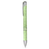 A green eco-friendly pen with a silver clip and accents, featuring a textured design. It has a logo on the barrel.