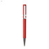 A red plastic pen with a silver clip and accents. The pen has a sleek design and features a logo.