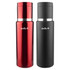 A drink bottle duo featuring a sleek red flask and a matte black flask, both with a logo on the body.