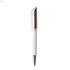 A plastic pen with a white body and a brown cap, featuring a logo on the side.