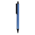 A metal pen in a sleek blue colour with a black clip and a retractable tip. Features a logo on the barrel.