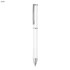 A white metal pen with a silver clip and grip, featuring a smooth design and a logo on it.