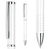A white metal ball pen with chrome accents and a textured grip, featuring a clip and a branding logo.
