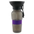A drink bottle featuring a black funnel top, grey body, and a purple silicone band with a logo.