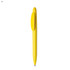 A yellow plastic pen with a clip, featuring a simple, streamlined design and branding.
