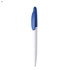 A plastic pen with a white barrel and a blue cap. It features a branding logo.