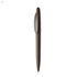 A plastic pen in a dark brown colour with a sleek design and a clip. It features a logo on the side.