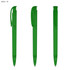 A set of three green plastic pens with clear barrels and clip caps, featuring a simple design and branding.