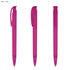 A set of pink plastic pens with transparent barrels and clips, featuring a logo.