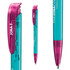 A plastic pen featuring a transparent turquoise barrel and a pink clip, with a branding logo on it.