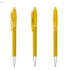 Yellow plastic pens with transparent barrels and silver tips, featuring a clip and button mechanism.
