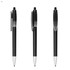 A black plastic pen with a transparent cap and silver accents, showcasing three different angles. It features a logo.