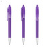 A set of three purple plastic pens with a clear barrel and silver tips, featuring clips for convenience.