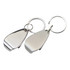 A drink bottle opener key ring in shiny silver, featuring a sleek design and a metal ring for attachment.