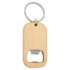 A drink bottle opener key ring made of bamboo, featuring a silver metal opener and attached key ring.