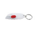 A mini cutter key ring in white with a red button, featuring a silver key ring attachment.