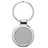 A silver circular key ring with a polished finish and a simple design, featuring a blank surface.