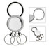 A silver multi ring key ring featuring three smaller rings and a central round holder. Includes a logo.