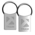 A silver key ring featuring a rectangular shape with a logo design. It has a shiny finish and a metal ring.