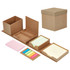 A desk organiser with various compartments, featuring sticky notes in pastel colours and a natural brown finish.