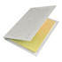 A sticky note pad with yellow notes inside a textured cream cover, featuring a logo on the front.