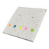 A sticky note pad in a speckled white case with five vibrant tabs in orange, blue, pink, yellow, and green.