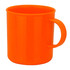 An orange plastic mug with a handle, featuring a smooth finish and a simple design.