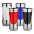 A drink bottle set featuring four travel mugs in white, red, blue, and black with stainless steel bases and a logo.