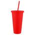 A red tumbler with a straw and lid, featuring a smooth surface and a branding logo.