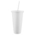 A drink tumbler in solid white with a lid and straw, featuring a logo on the surface.
