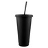 A black plastic tumbler with a fitted lid and straw, featuring a logo.