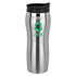 A stainless steel travel mug with a black lid and a green logo. The mug features a sleek, polished finish.