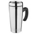 A stainless steel travel mug with a black handle and an insulated design. It features a sleek, shiny finish.