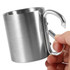 A drink mug with a silver stainless steel finish and a metal carabiner handle, featuring a smooth, sleek design.