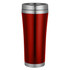 A travel mug in a glossy red finish with a stainless steel band at the top and bottom. It features a logo.
