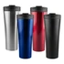 A range of travel mugs in silver, blue, red, and black, each with a black lid and a logo.