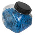 A clear jar filled with blue mobile key stands, featuring a black lid on top.