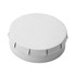 A white round mint tin with a secure lid and a simple design, featuring a logo on the surface.