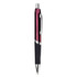 A metal pen in burgundy and silver, featuring a black grip and a logo on the body.