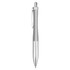 A metal pen with a grey grip and chrome accents, featuring a clip and a transparent barrel.